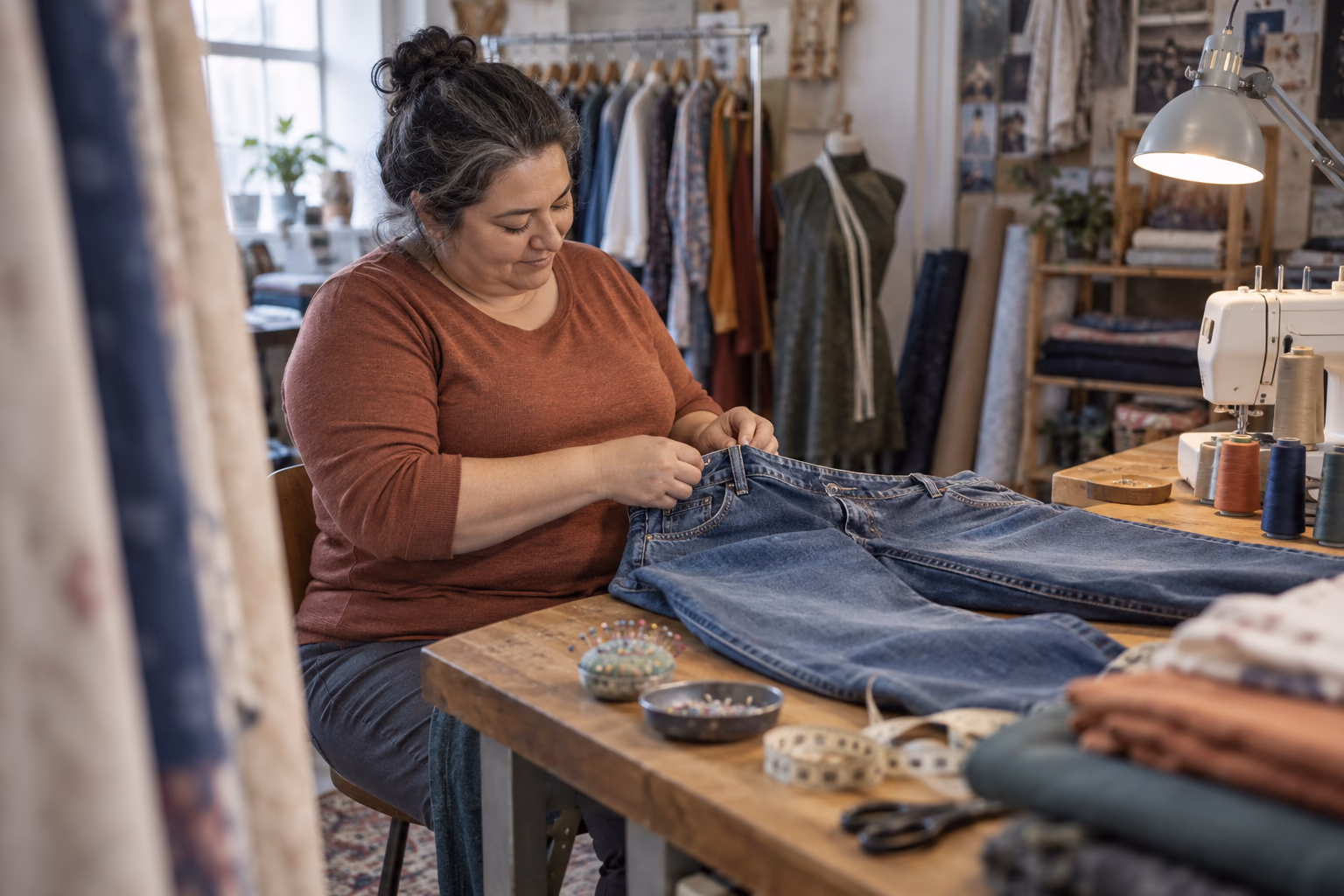 An adult alters a pair of oversized jeans at a worktable in a sunlit community sewing studio.