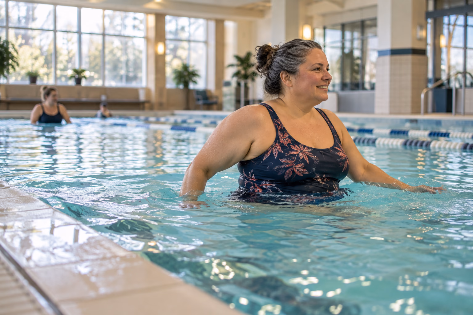 An adult in a blue swim cap walks through a bright community pool during a low-impact water exercise session.