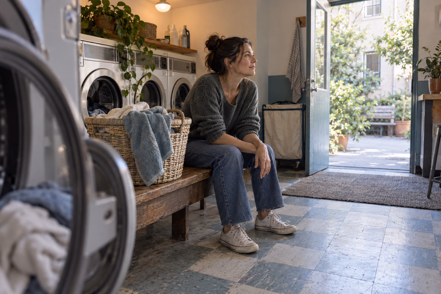 A woman pauses beside a laundry basket in a sunlit apartment laundry room.