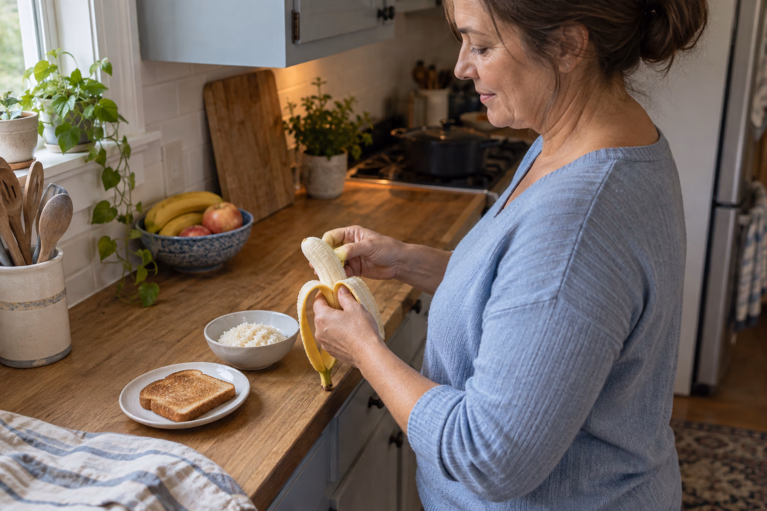A woman peels a banana while preparing a simple meal in a home kitchen.