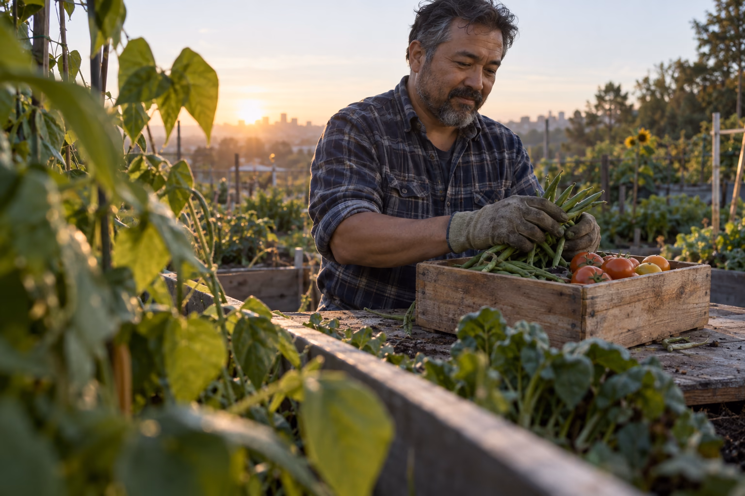 A man sorts freshly harvested vegetables into a wooden crate in a community garden at sunrise.
