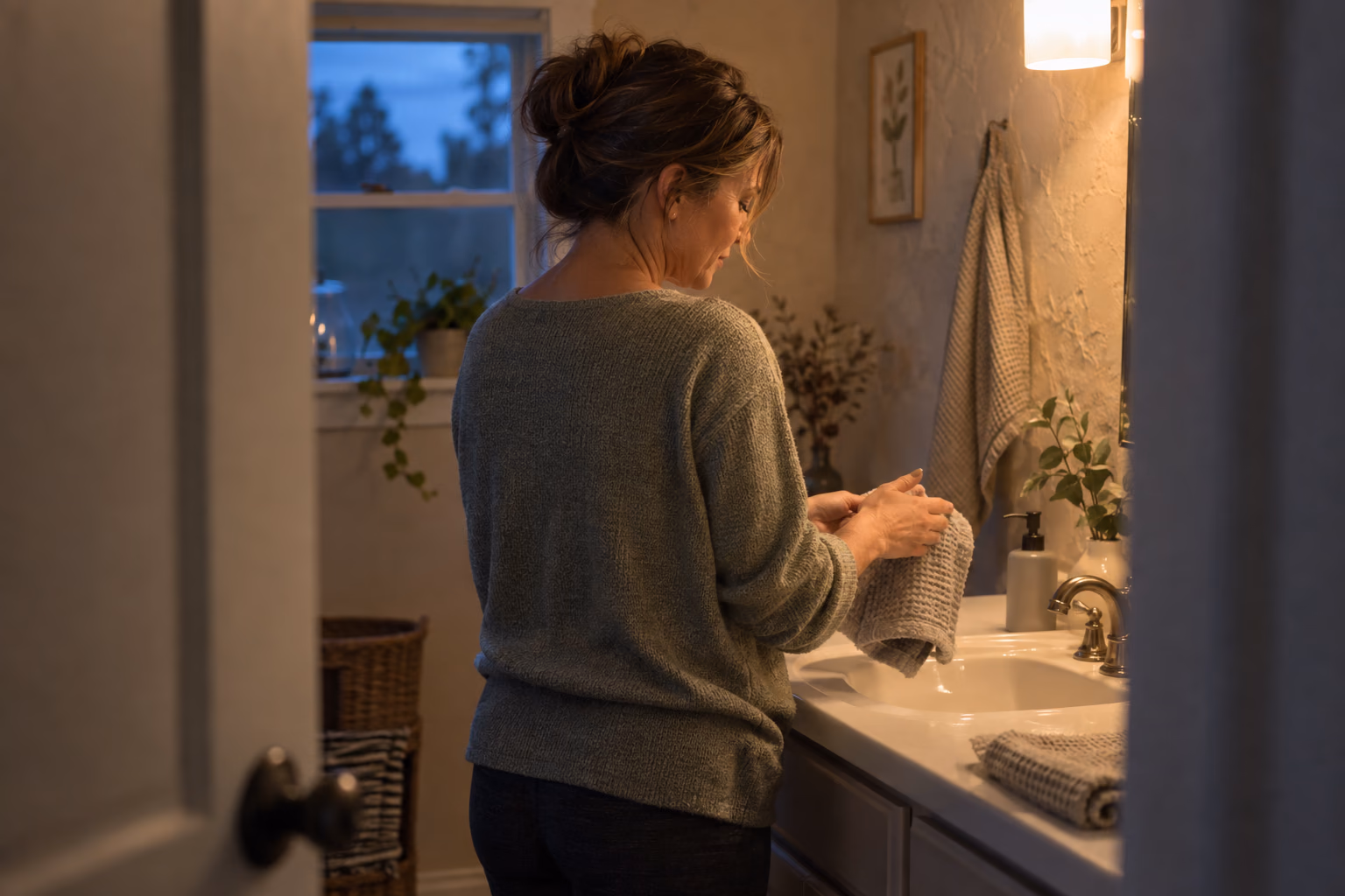 An adult dries her hands in a softly lit home bathroom at dusk.
