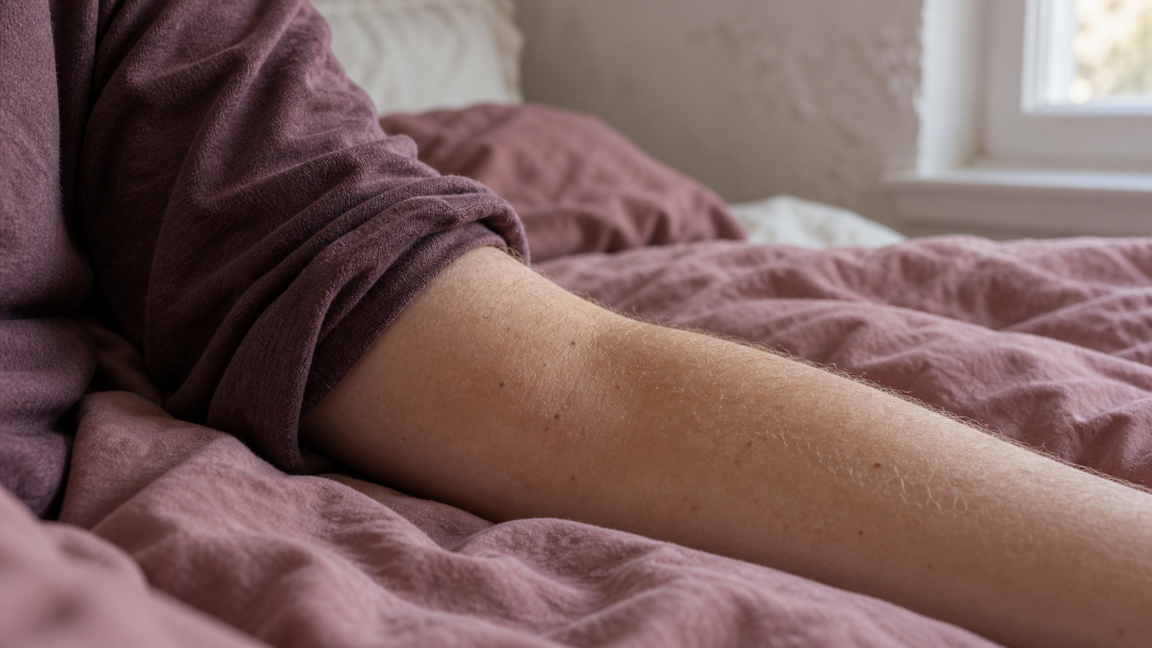 A bare forearm resting on rumpled mauve bedding beside a loosely rolled cotton sleeve.