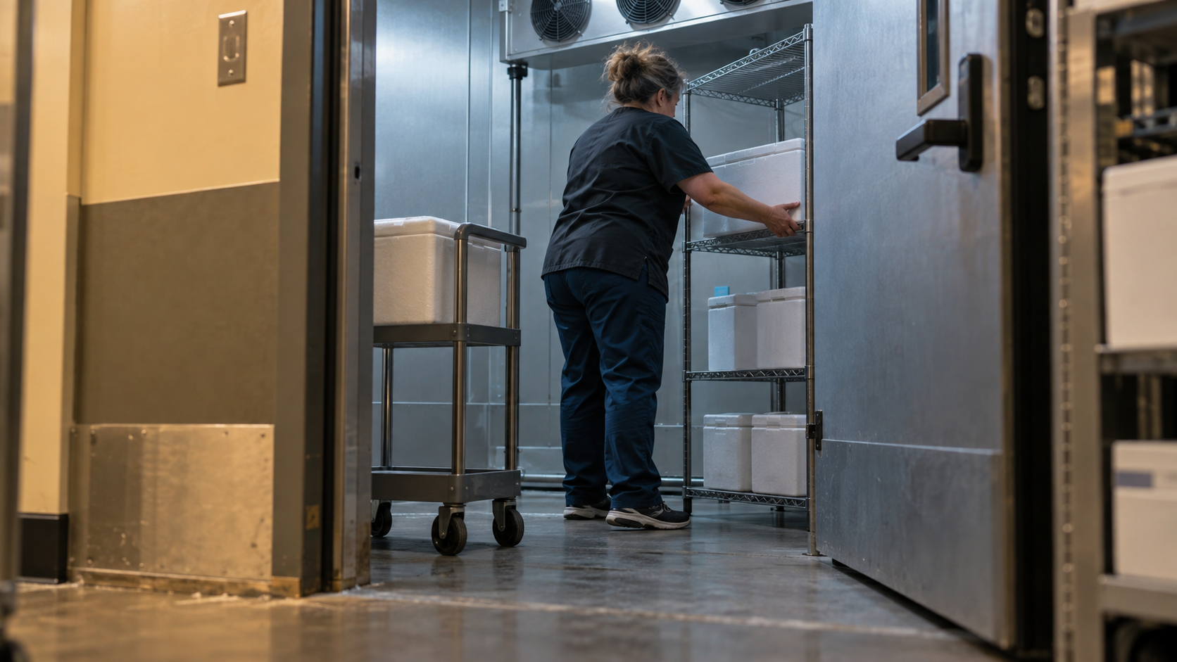 A research pharmacy worker places a plain insulated container on a cold-storage shelf.
