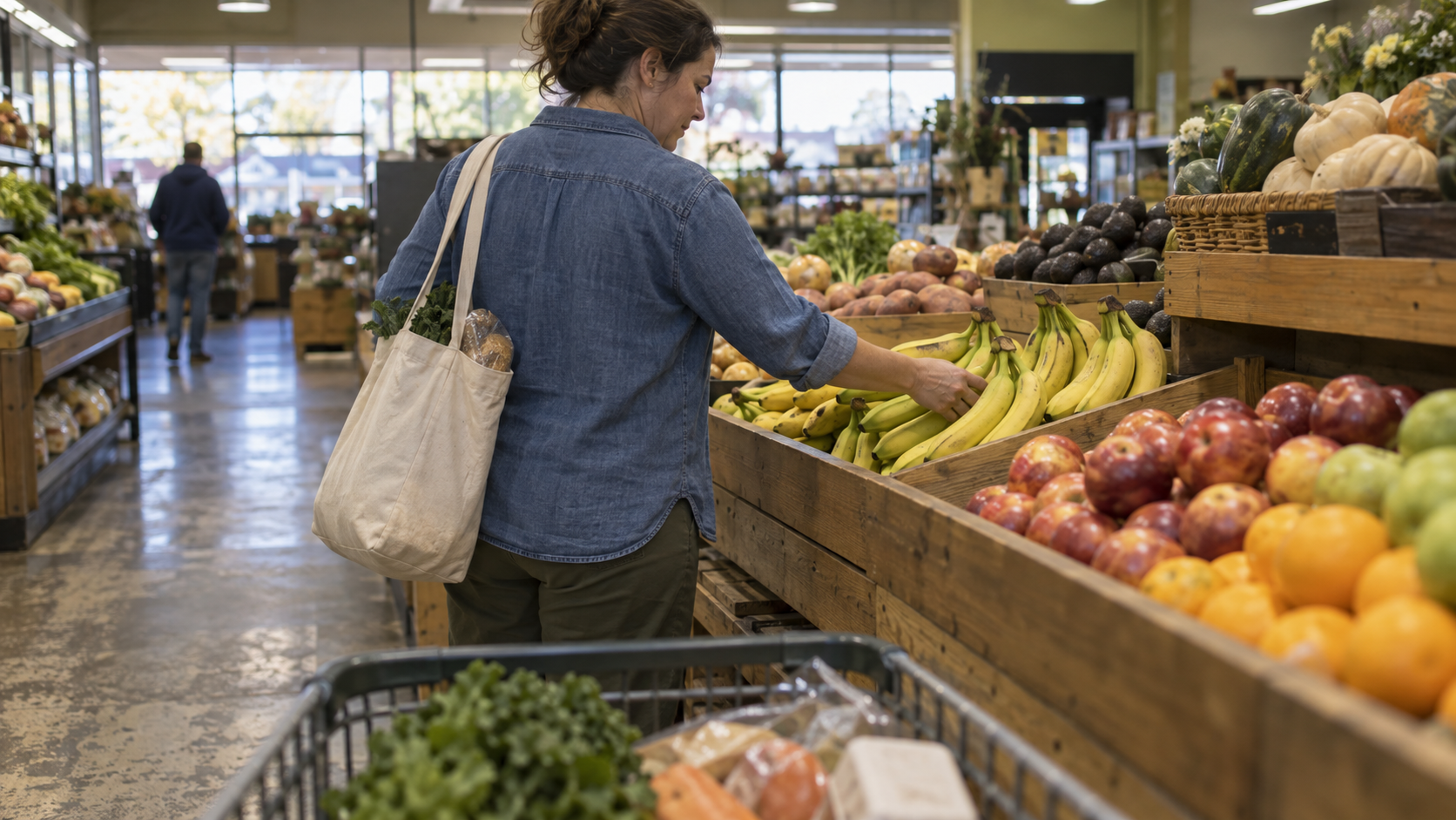 A shopper in a denim shirt reaches for bananas in an ordinary neighborhood grocery produce aisle.