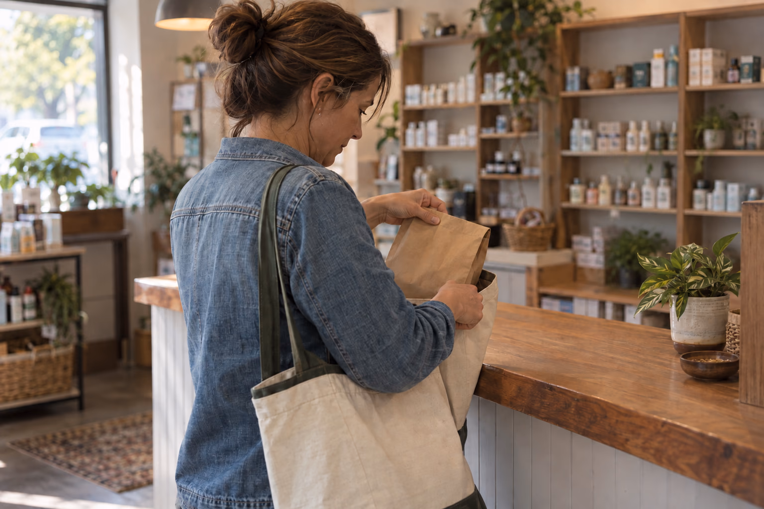 An adult places a plain pharmacy pickup bag into a canvas tote at a neighborhood counter.