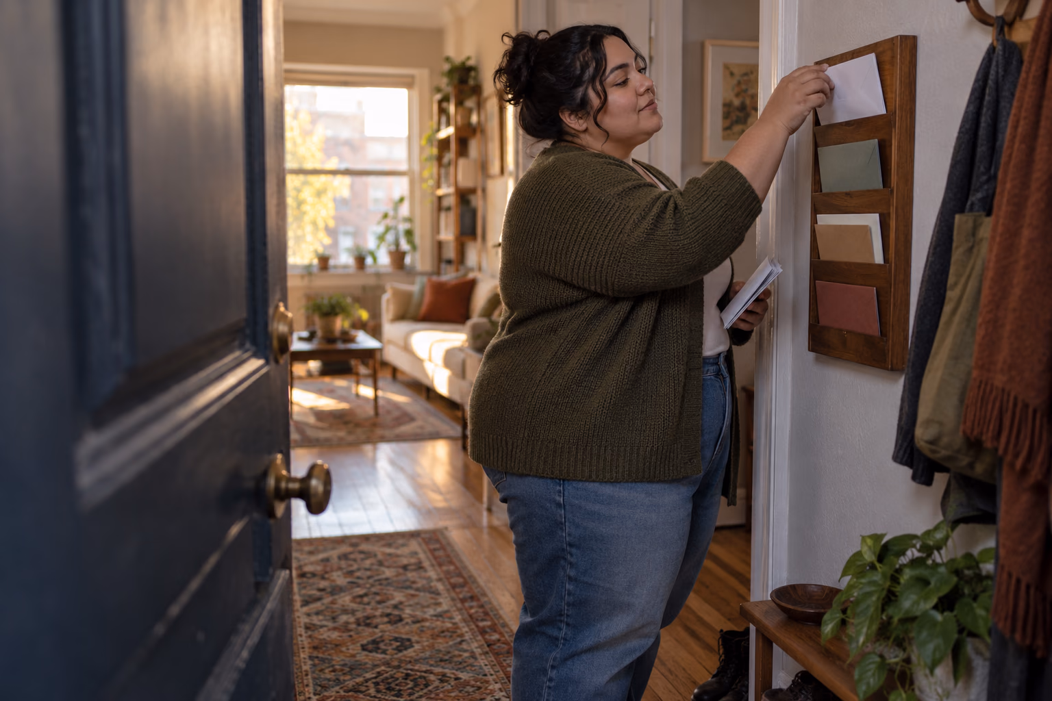 An adult sorts sealed envelopes into a wall-mounted organizer in a sunlit apartment entryway.