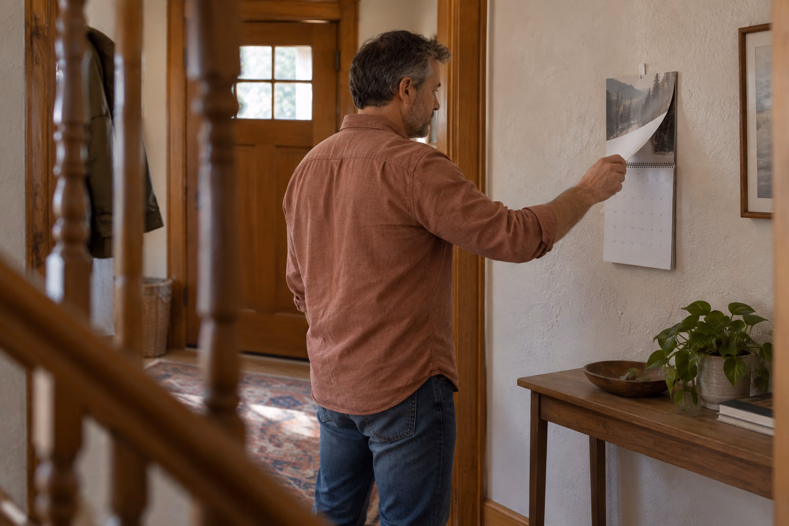 A man turns a page on a wall calendar in a lived-in apartment hallway.