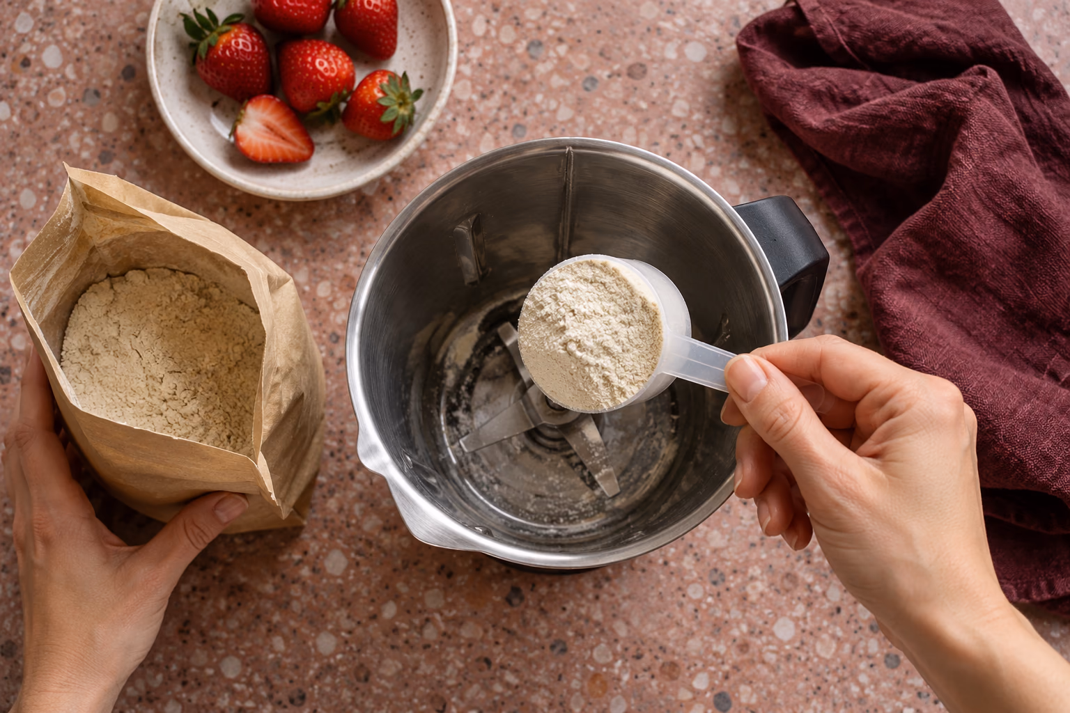 Hands measure protein powder over an open stainless-steel blender jar beside strawberries on a pink terrazzo counter.