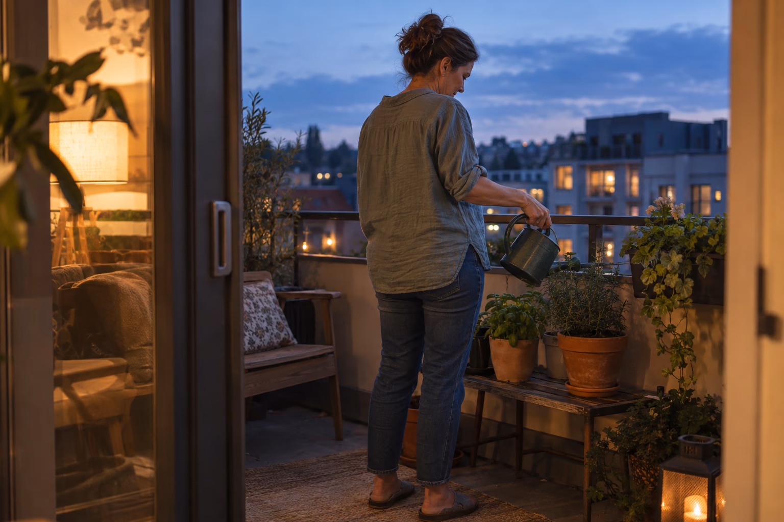 A woman waters herb pots on her apartment balcony at blue hour.